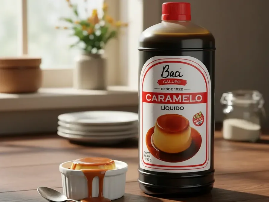 Botella de caramelo líquido junto a una taza de café servida