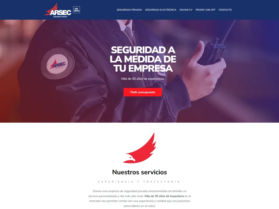 Portada del sitio de Arsec, con su mensaje principal y el botón de presupuesto