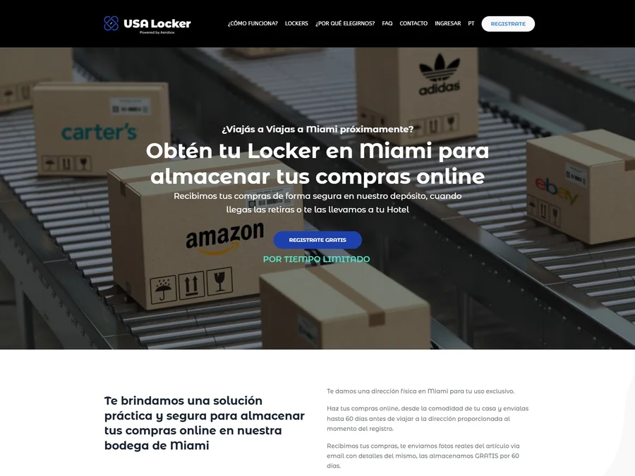 Portada del sitio de USA Locker, con el llamado a contratar un locker