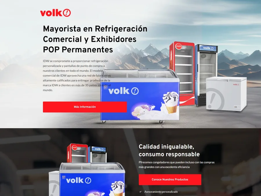 Portada del sitio de Volk, con la línea de refrigeración comercial