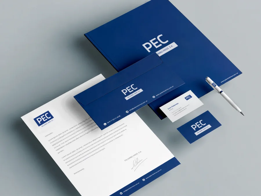 Papelería PEC en azul y blanco: carpeta, hoja membretada, tarjetas y lapicera